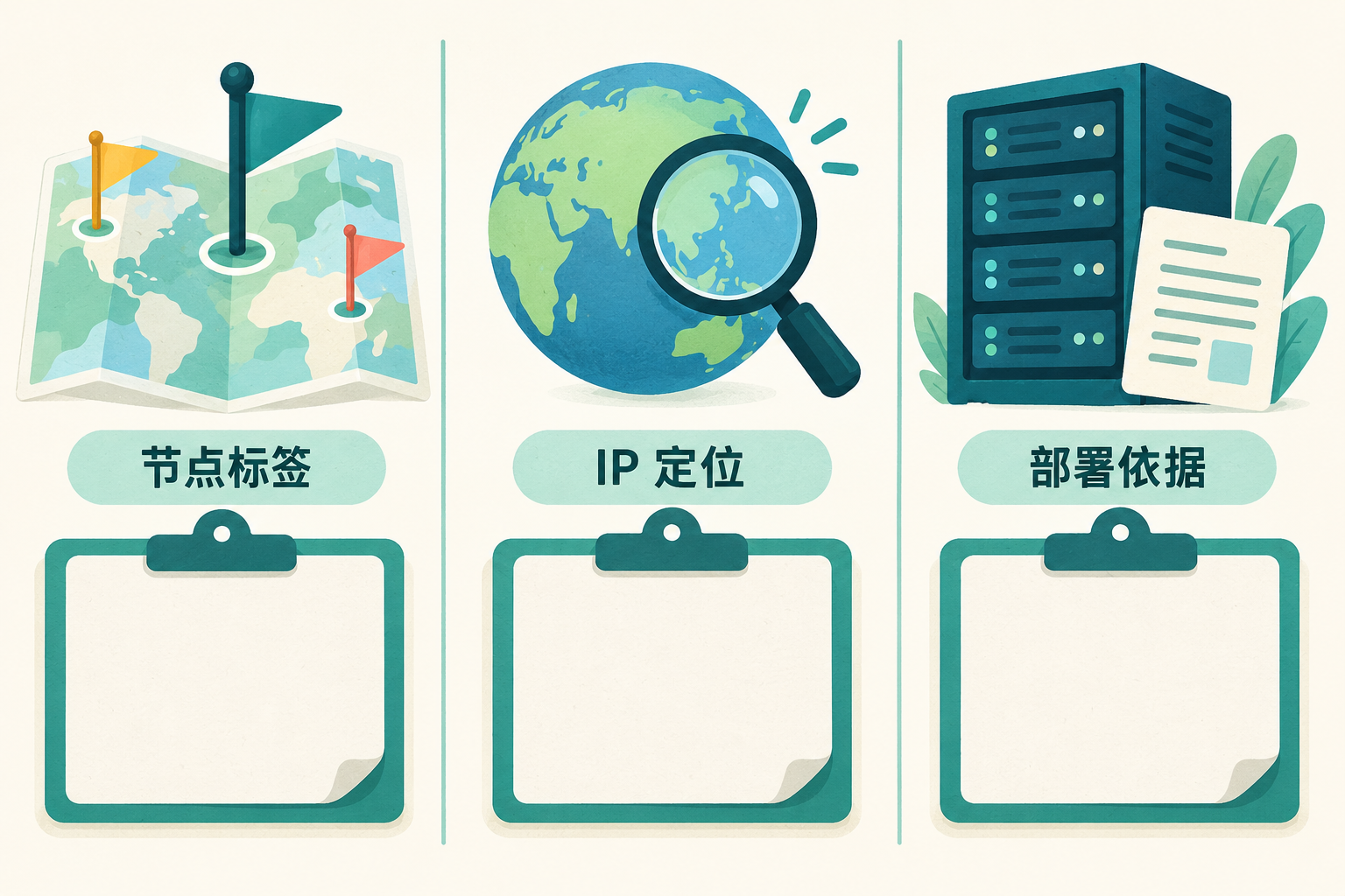 节点标签、IP 地理数据库与物理部署说明分成三张证据卡