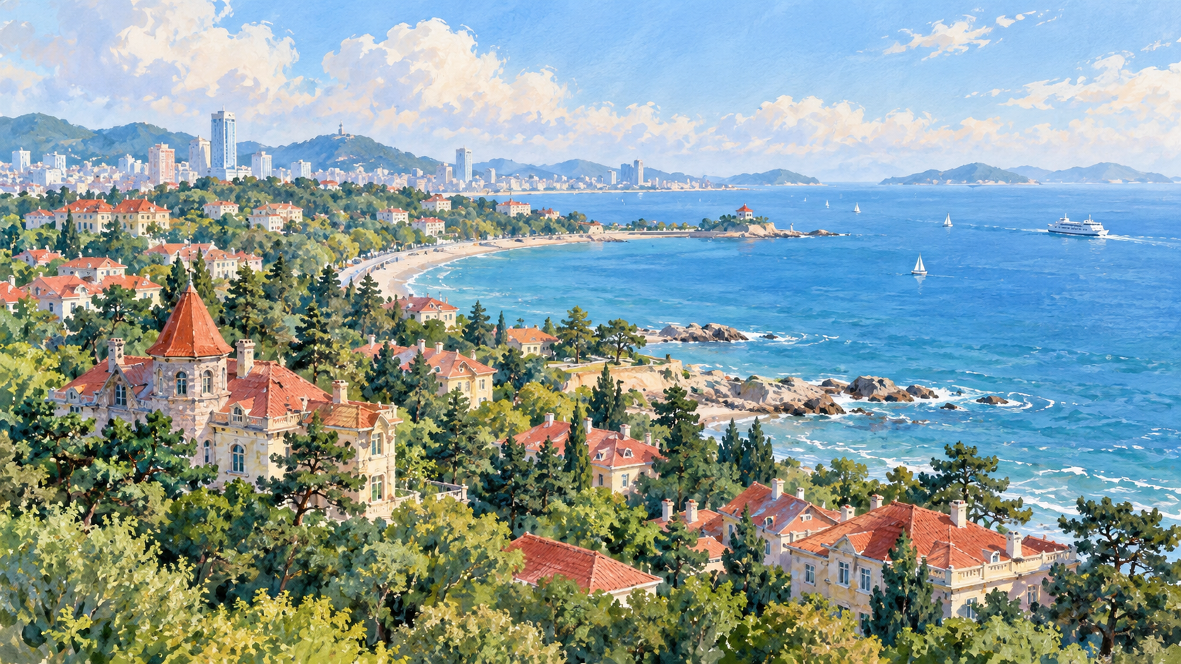 青岛海岸水彩风景插画