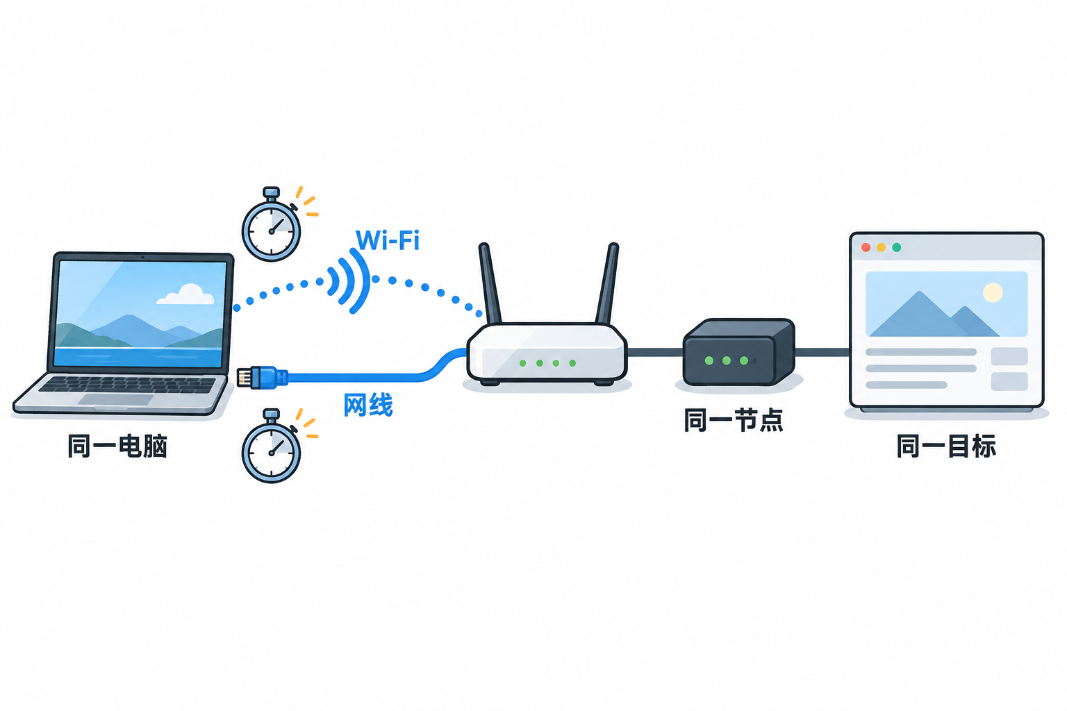 同一电脑通过 Wi-Fi 或网线连接同一路由器,再使用同一节点访问同一目标